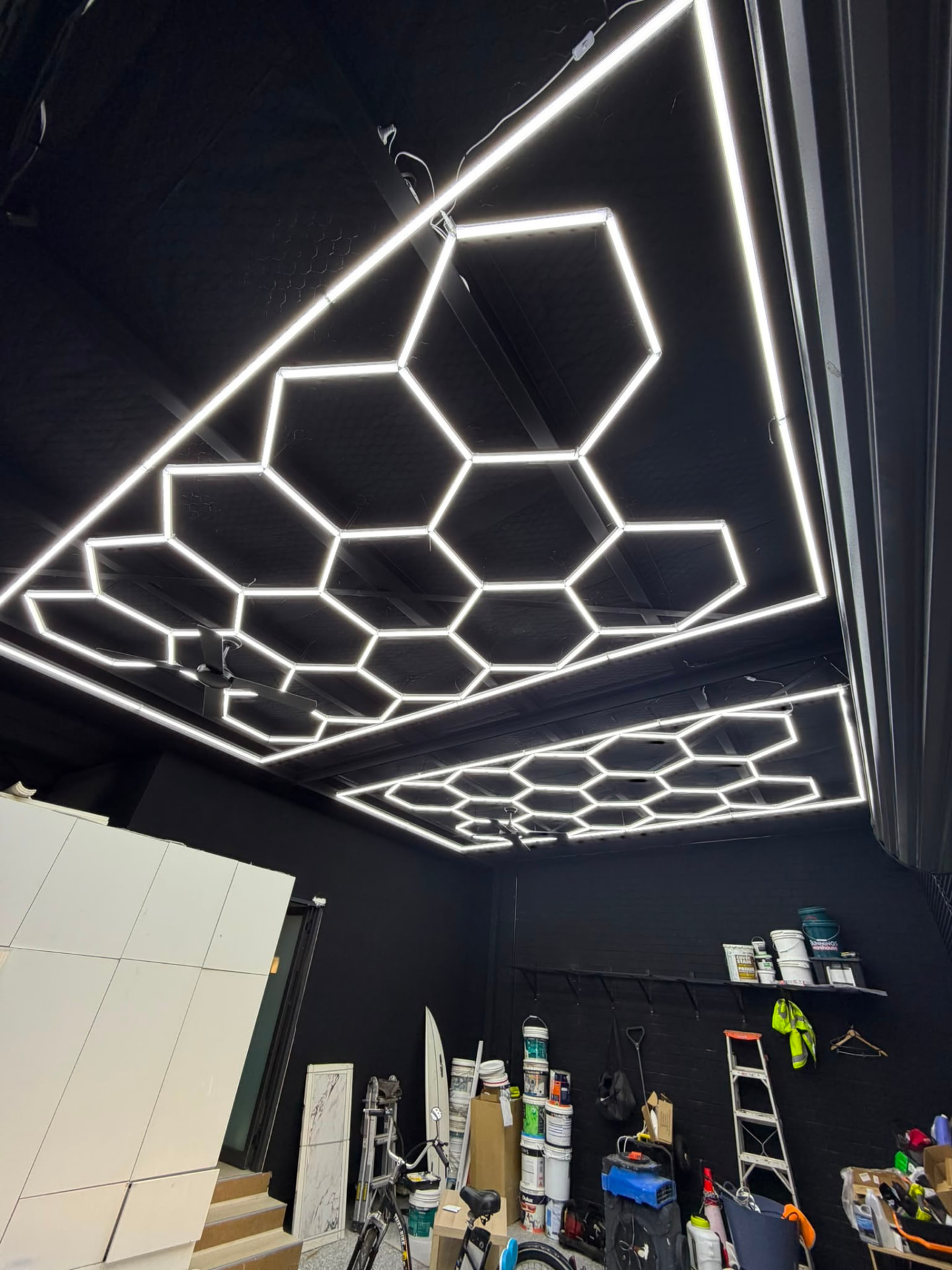 Hex garage lighting grid — Residential · Garage fit-out electrical work by AE Sparks
