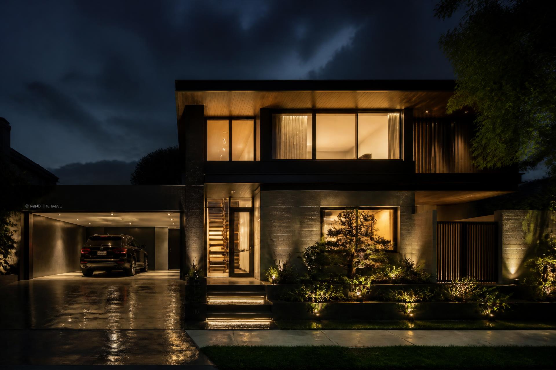 Modern two-storey home at night with interior lighting on